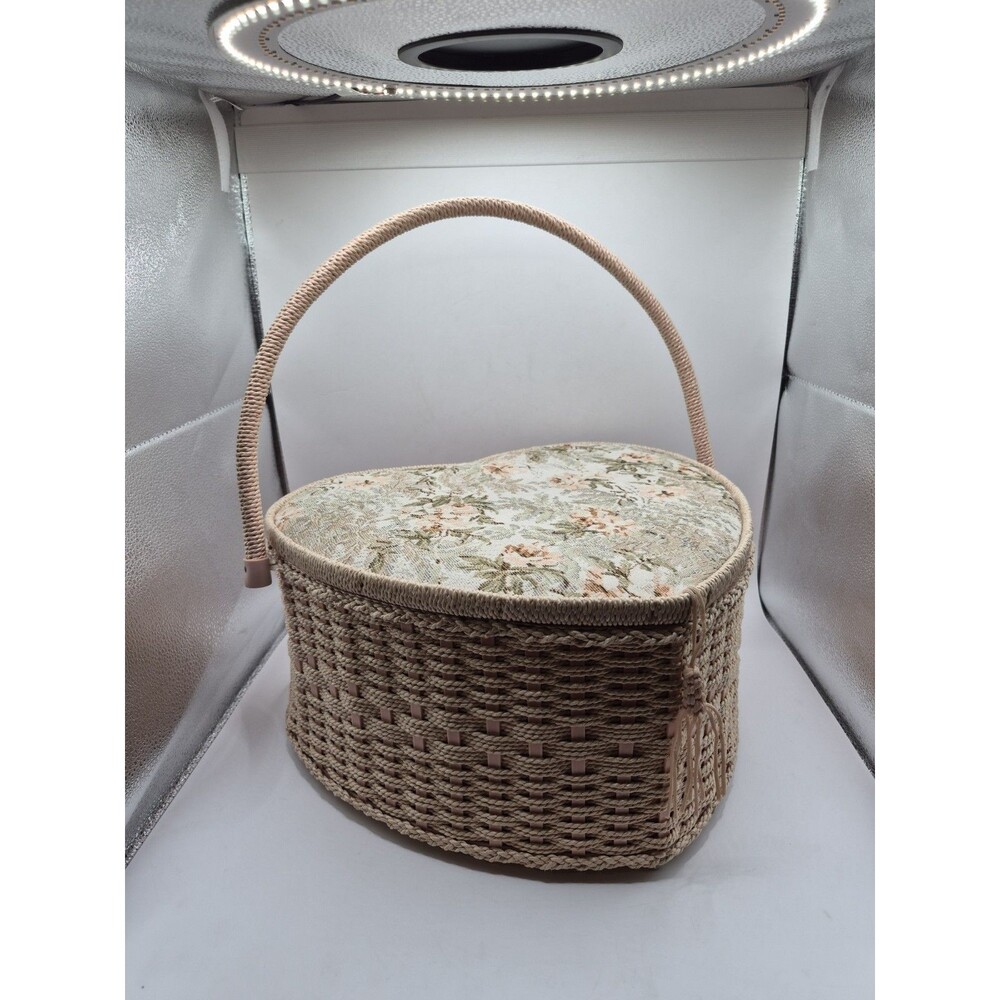 Vintage Heart Shaped Wicker Wood/ Sewing Basket/Picnic Basket 14"x11"x7"